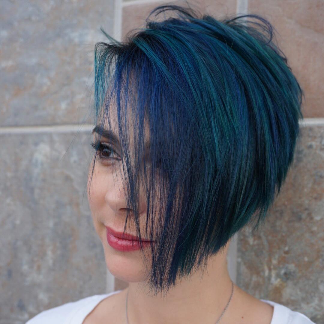 Boho blue bob with sea-green balayage