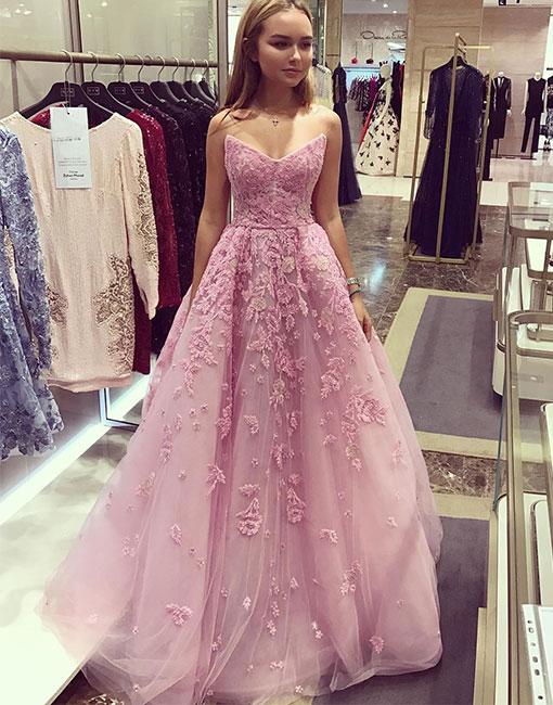 Laced Tulle Pink Prom Dress