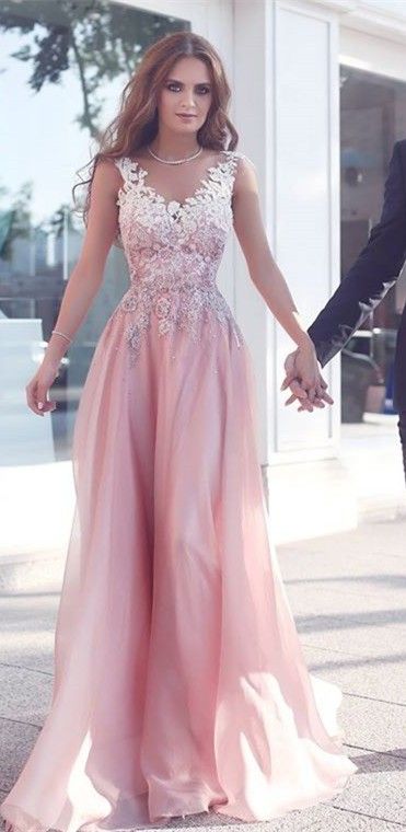 Lace Long Pink Round Neck Dress