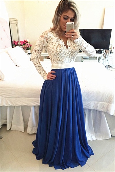 Lace Pearls Long Sleeved Evening Gown