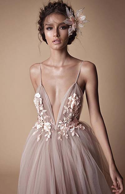 Delicate Floral Nude Wedding Dress